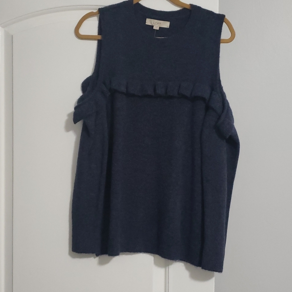Navy Blue Cold Shoulder Ruffle Sweater